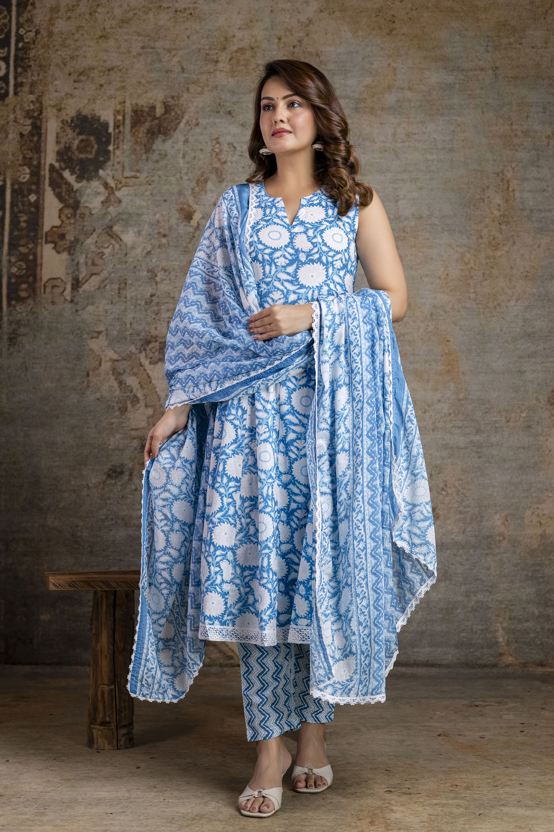 Aqua Blue Floral Anarkali Kurta with Printed Trousers & Dupatta
