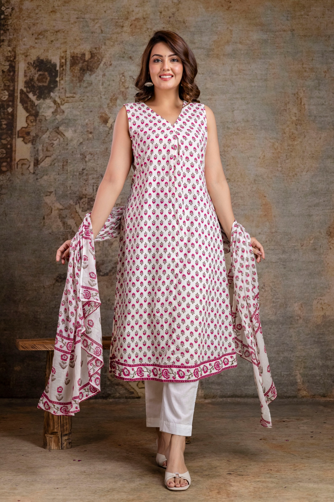 Off-White & Pink Floral Printed A-line Kurta with Solid Trousers & Dupatta