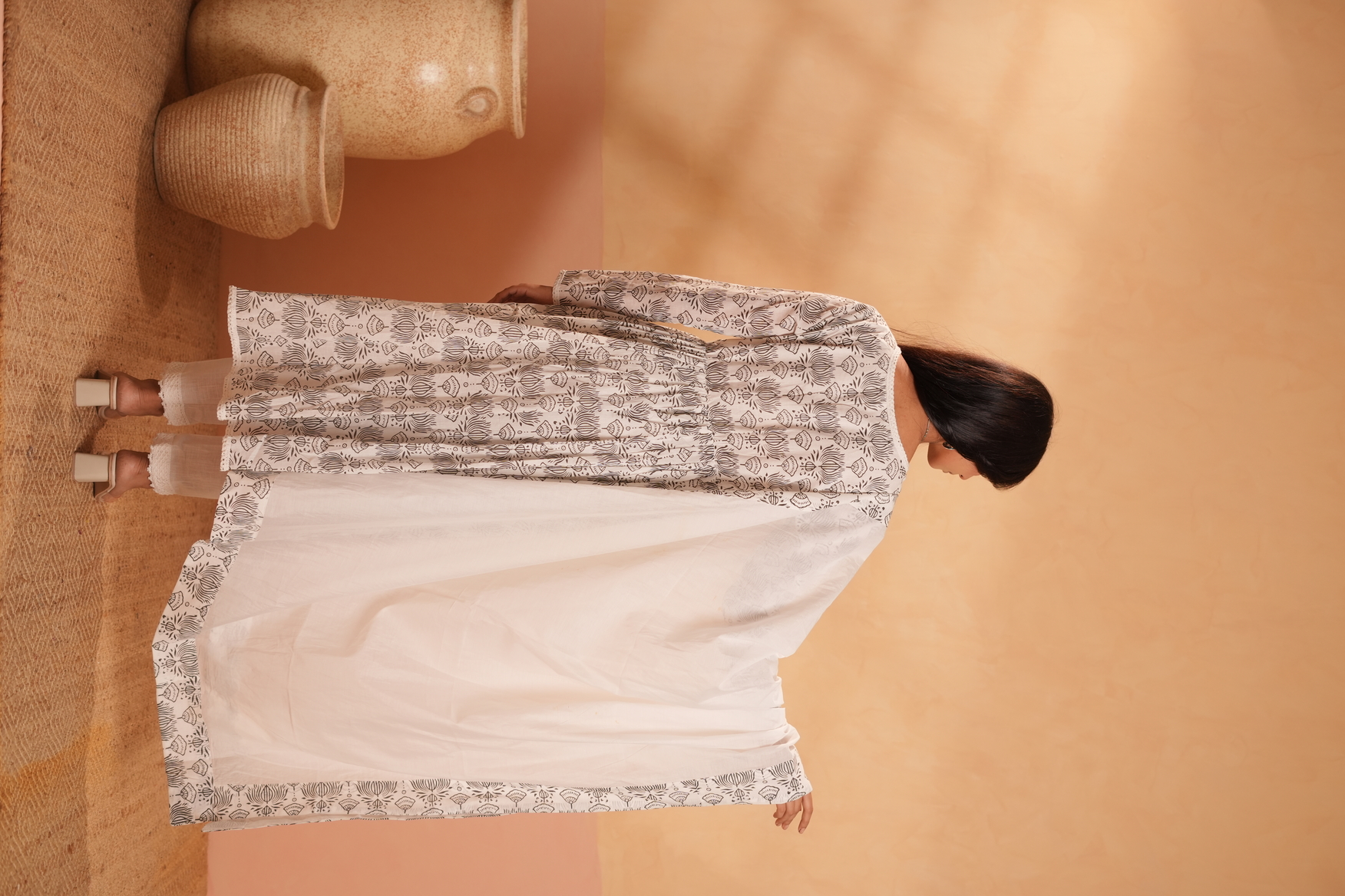 White & Grey Hand Block Printed Cotton Kurta Set with Dupatta