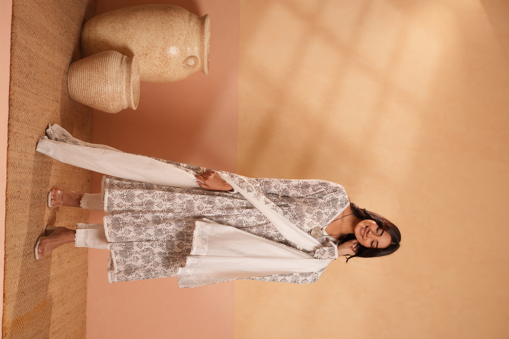 White & Grey Hand Block Printed Cotton Kurta Set with Dupatta