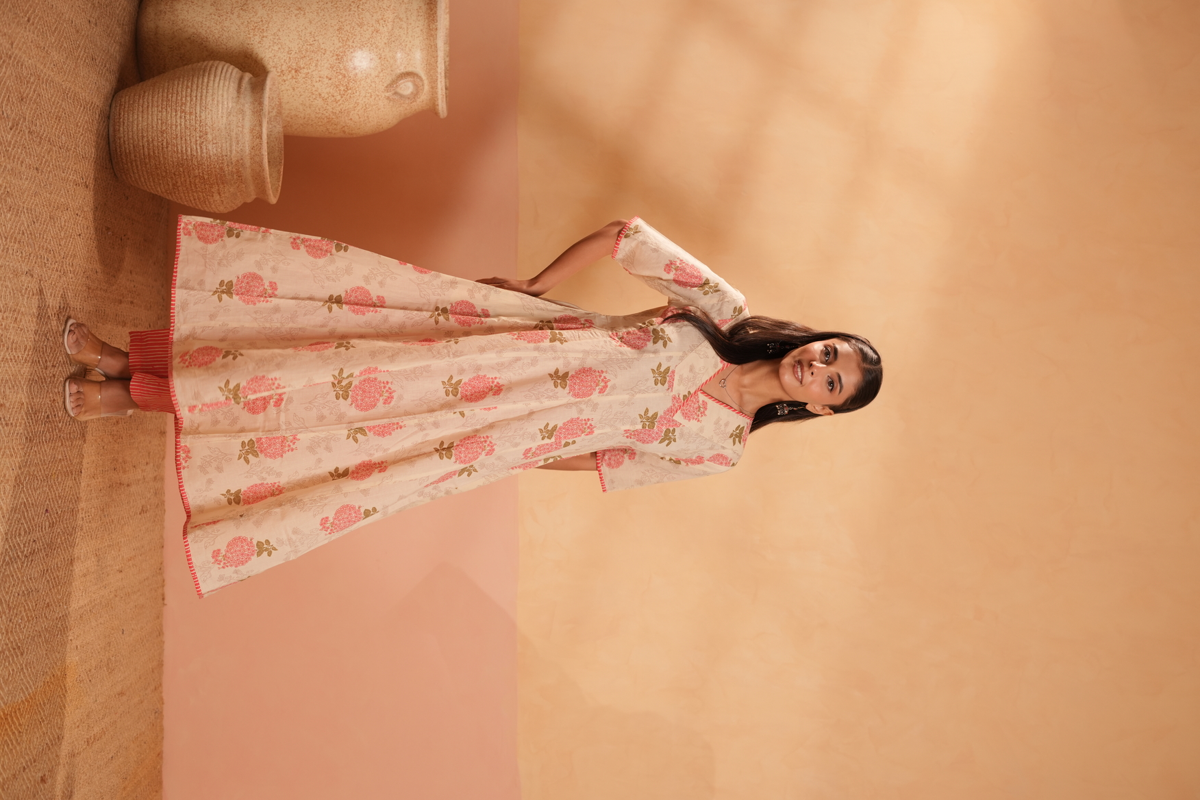 Beige Floral Printed Cotton Anarkali Kurta Set