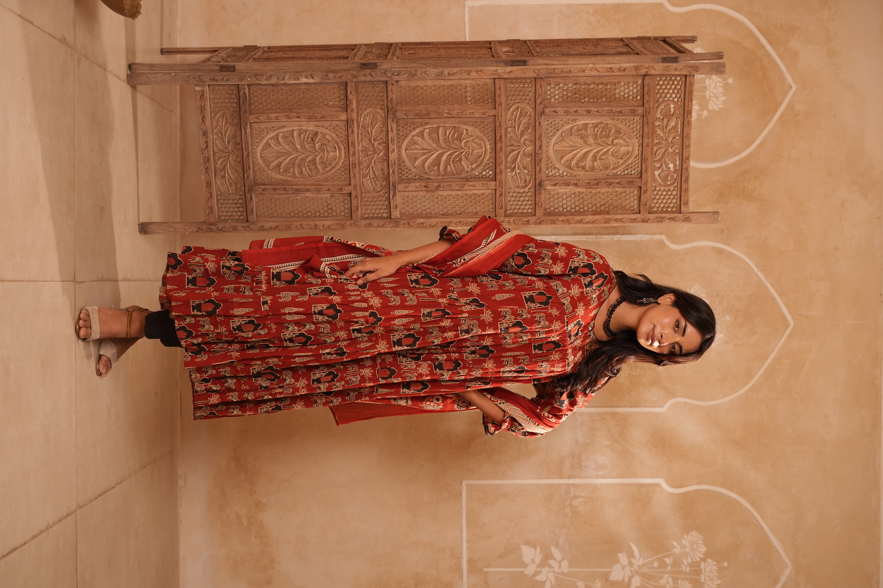 Rust Red Printed Cotton Blend Anarkali Kurta with Dupatta