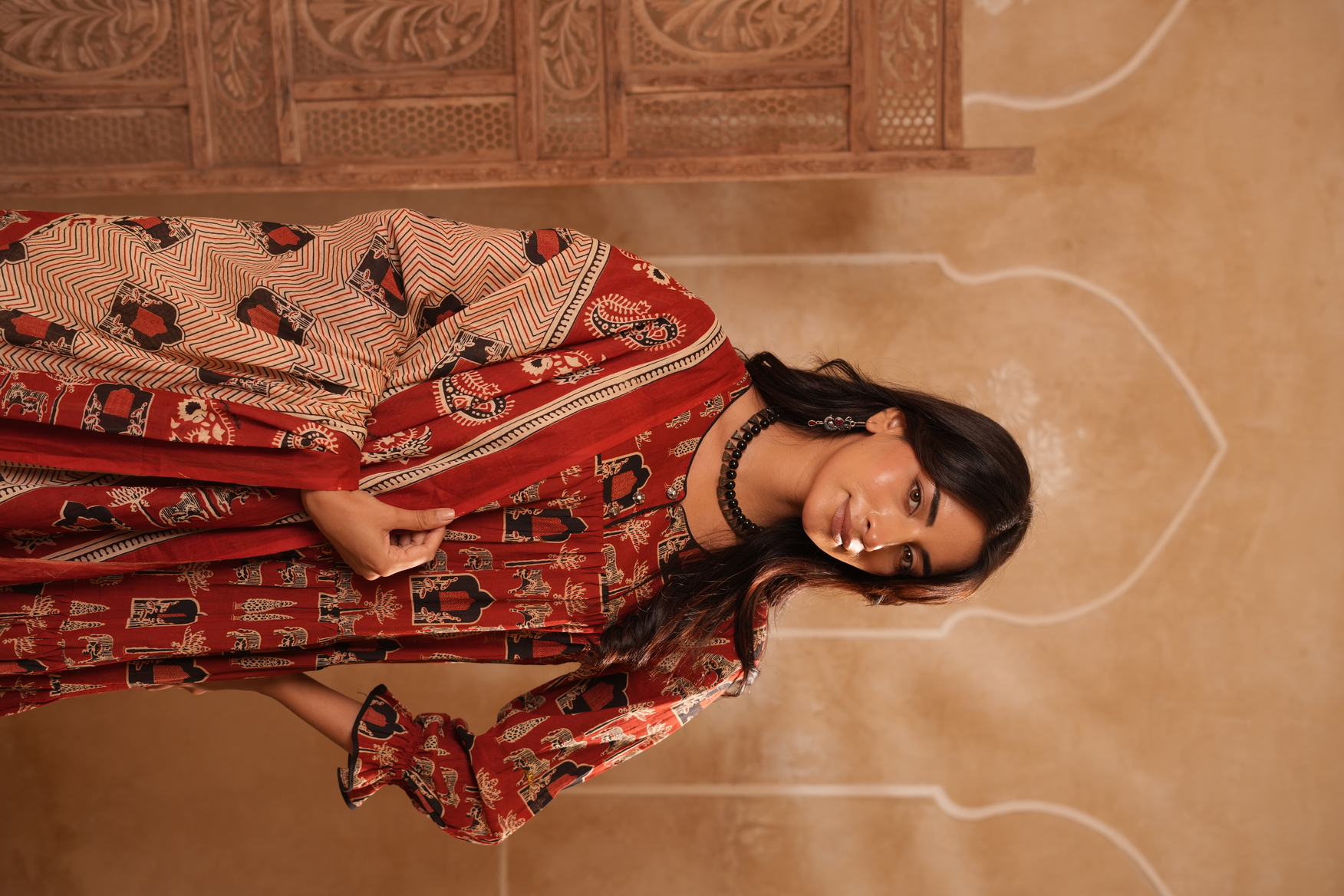 Rust Red Printed Cotton Blend Anarkali Kurta with Dupatta