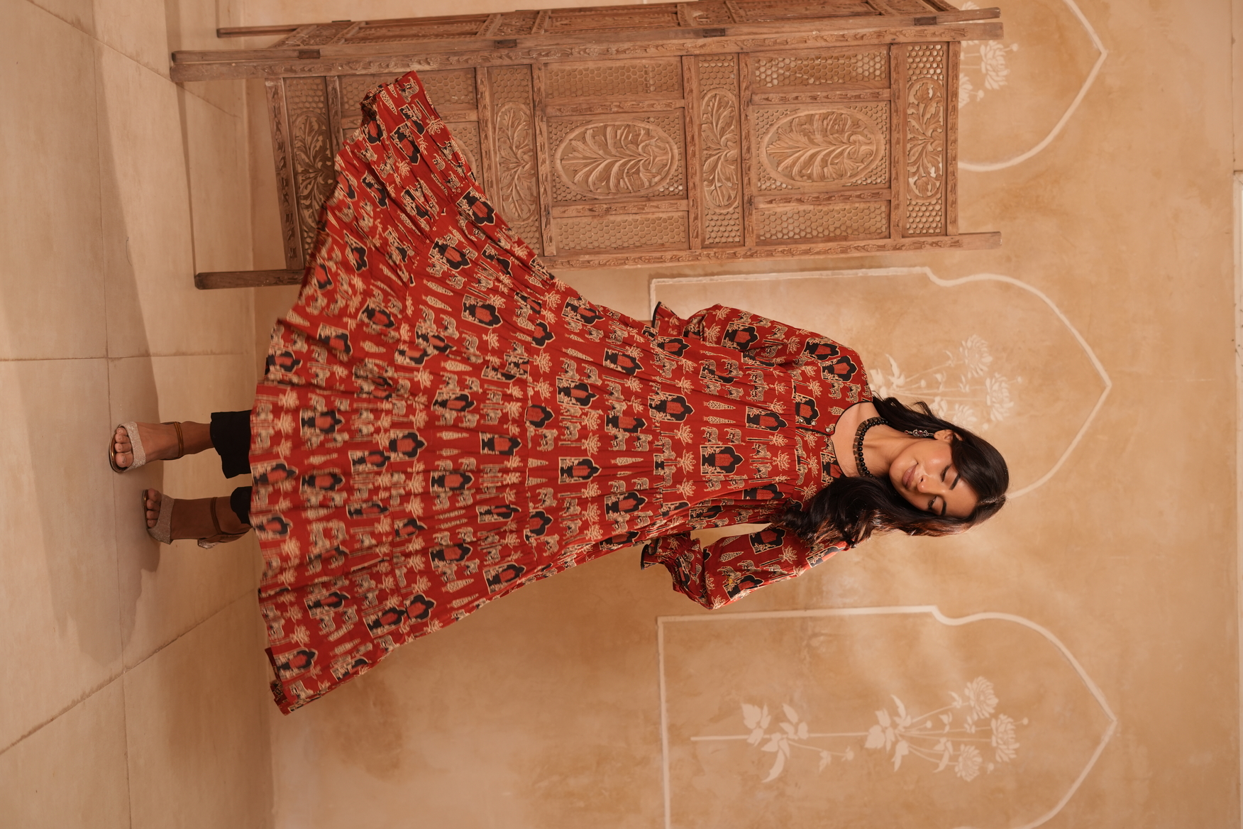 Rust Red Printed Cotton Blend Anarkali Kurta with Dupatta