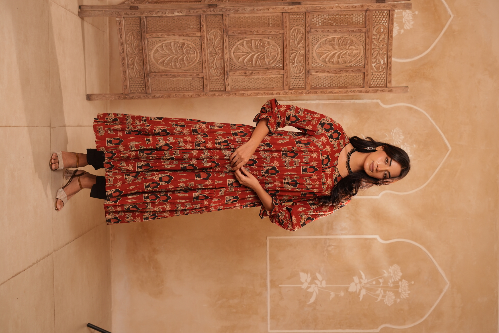 Rust Red Printed Cotton Blend Anarkali Kurta with Dupatta
