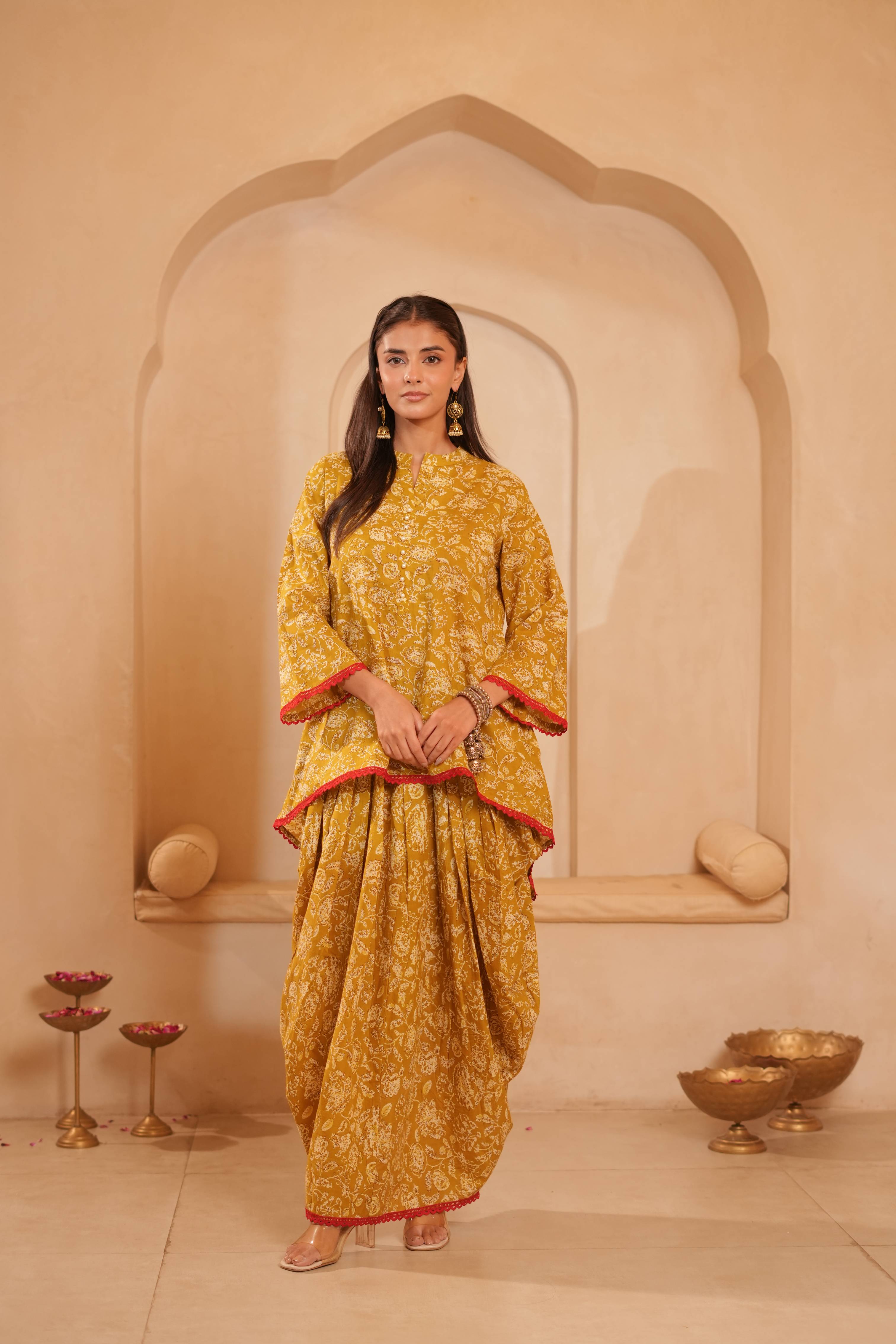 Mustard Yellow Printed Co-ord Set with Kaftan Top & Dhoti Skirt