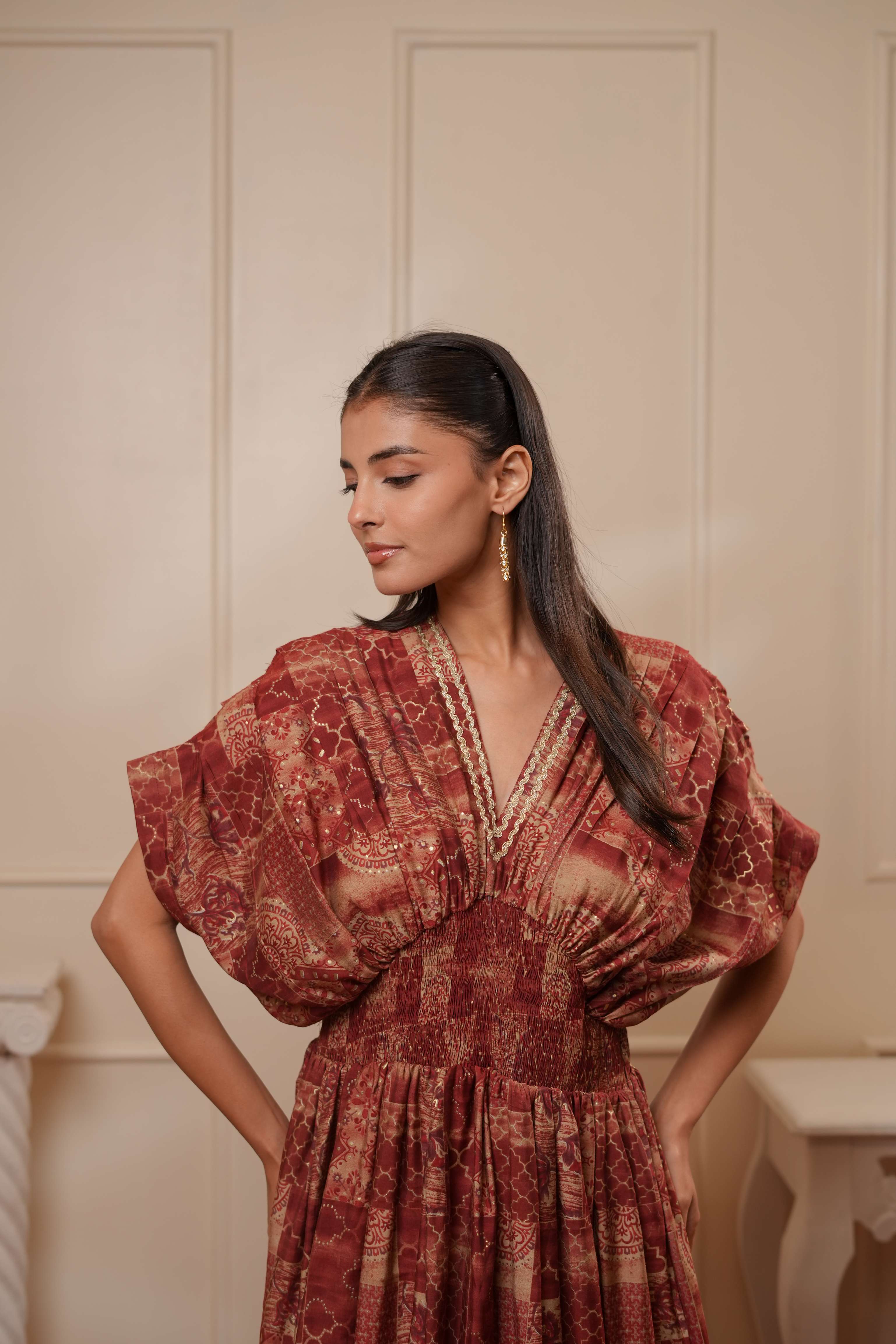 Maroon Printed Smocked Maxi Dress