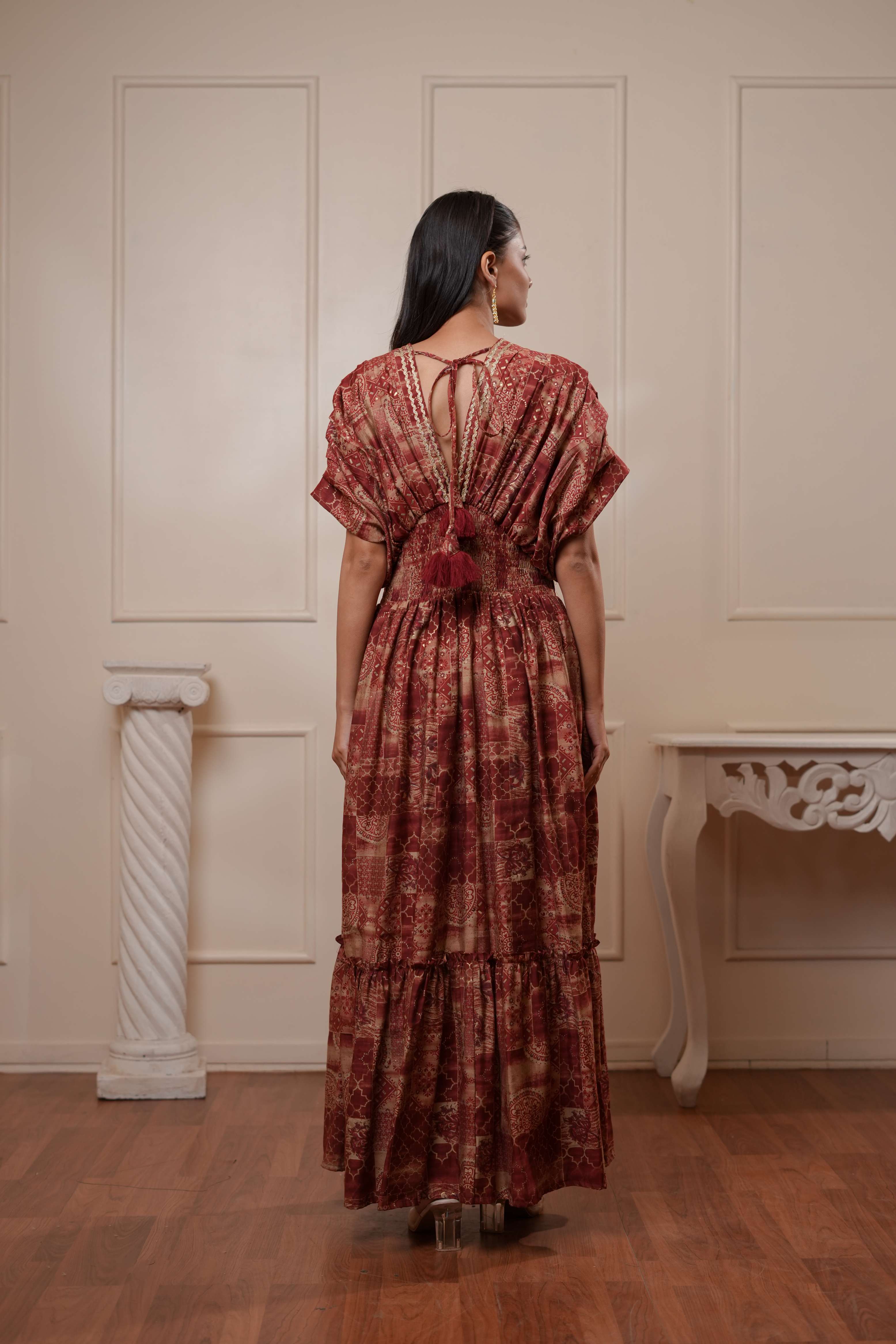 Maroon Printed Smocked Maxi Dress