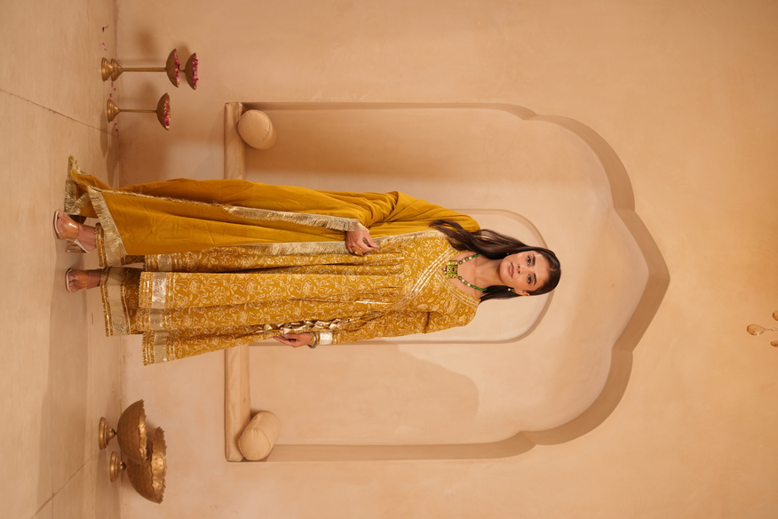 Mustard Yellow  Anarkali Kurta with Garara & Dupatta
