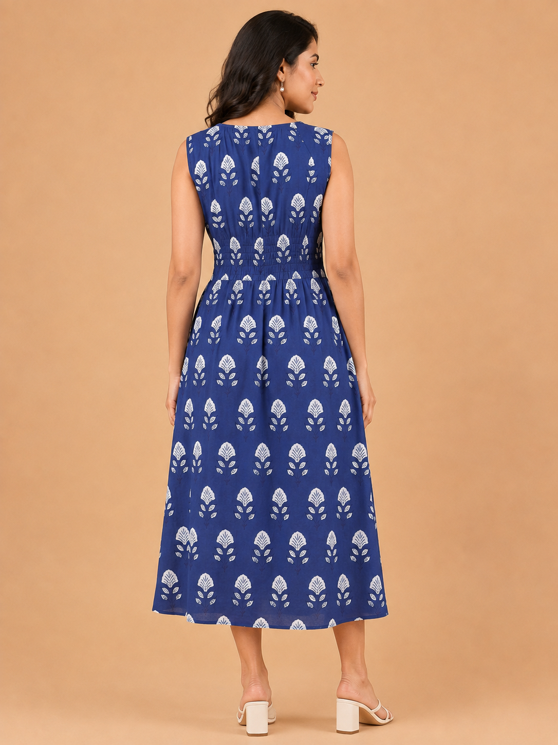 Women Blue Printed V-Neck Fit & Flare Midi Dress