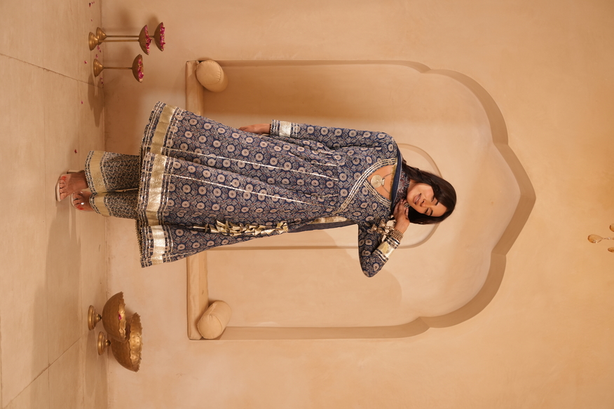 Navy Blue Printed Cotton Anarkali Kurta with Garara & Dupatta