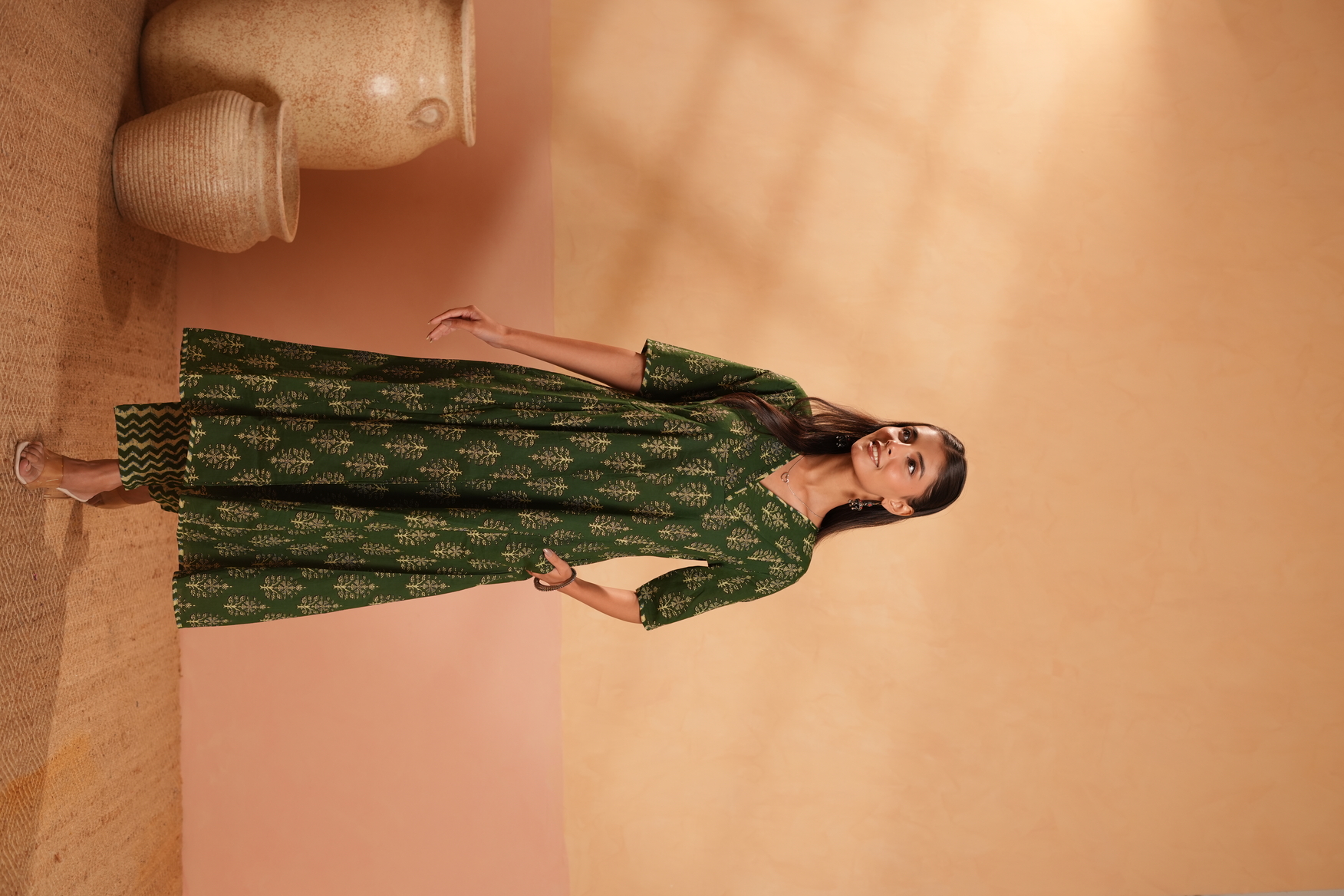 Green Ethnic Motif Printed V-Neck Kurta with Printed Trousers