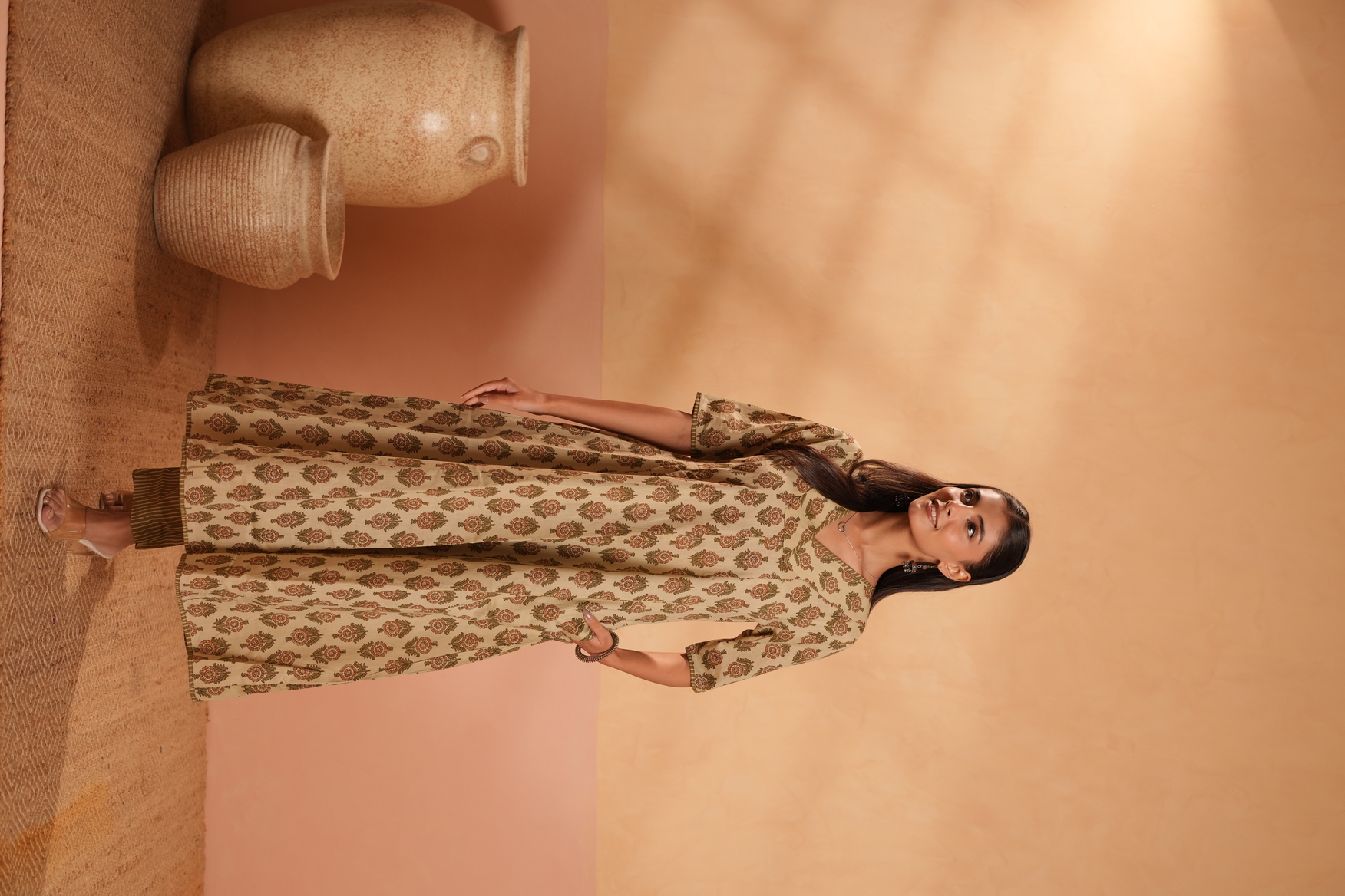 Olive Green Printed Anarkali Kurta with Striped Trousers