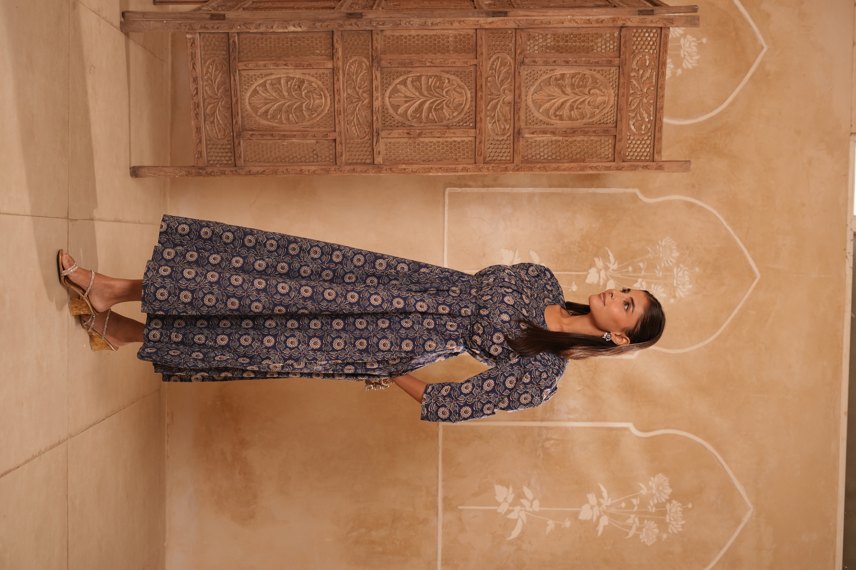 Navy Blue Floral Printed Fit & Flare Maxi Dress