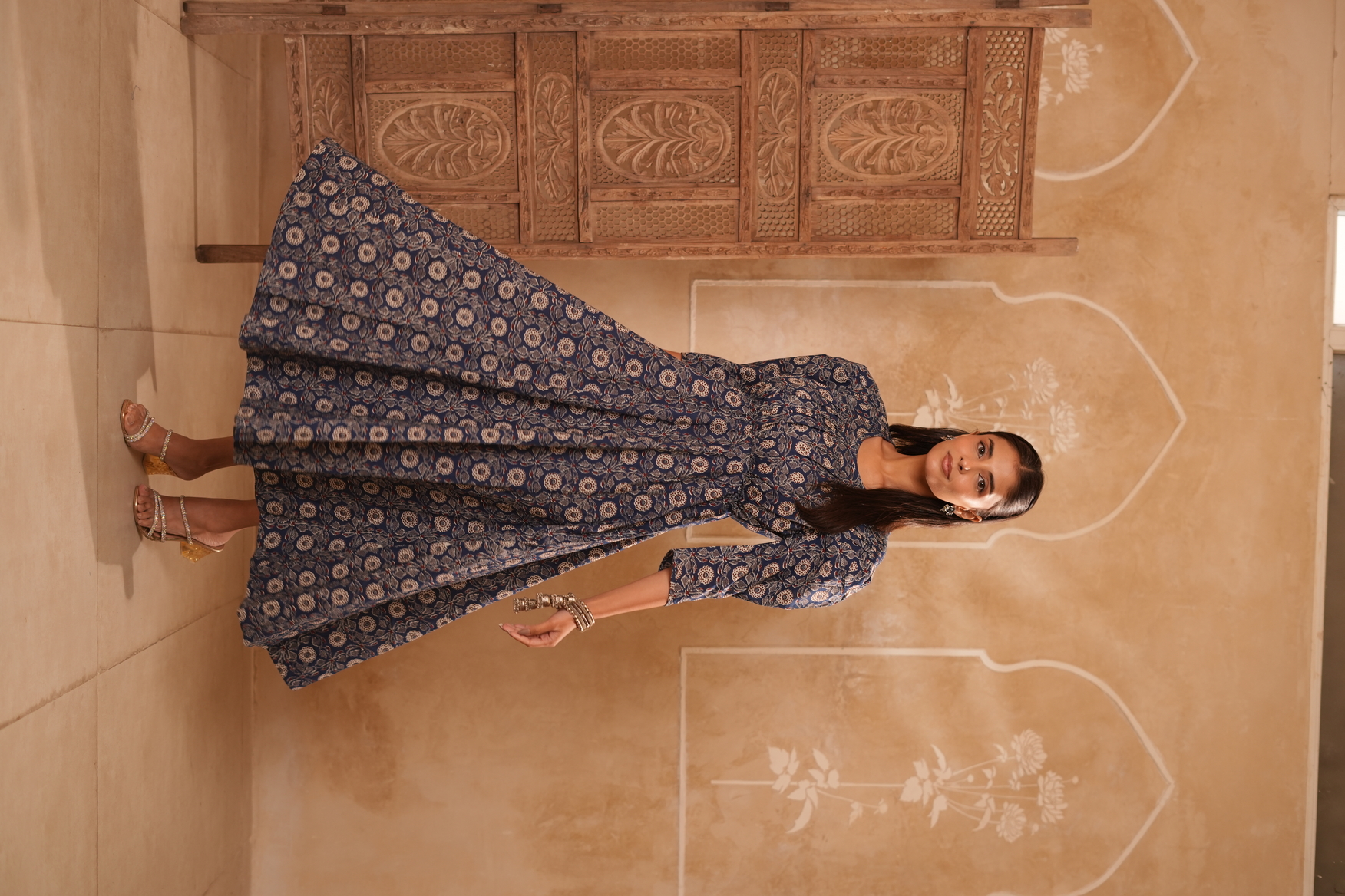Navy Blue Floral Printed Fit & Flare Maxi Dress