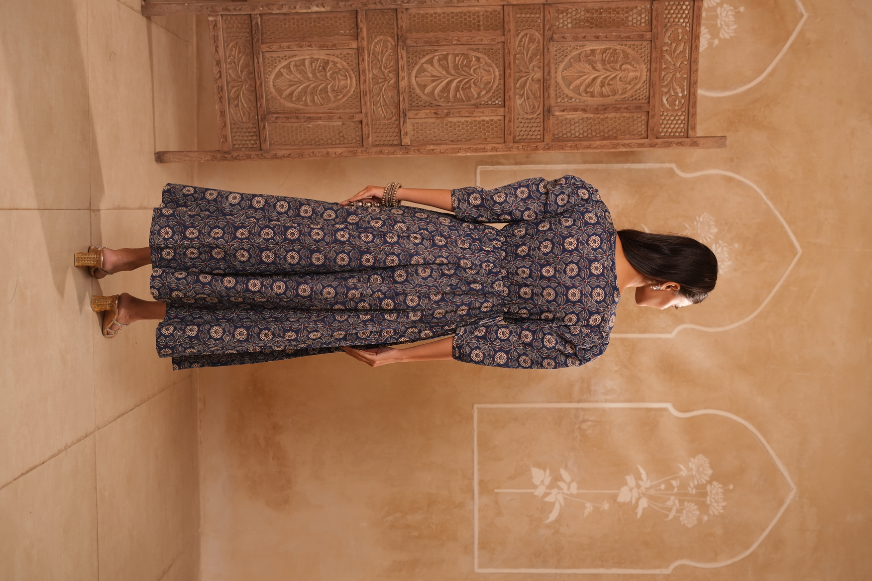 Navy Blue Floral Printed Fit & Flare Maxi Dress