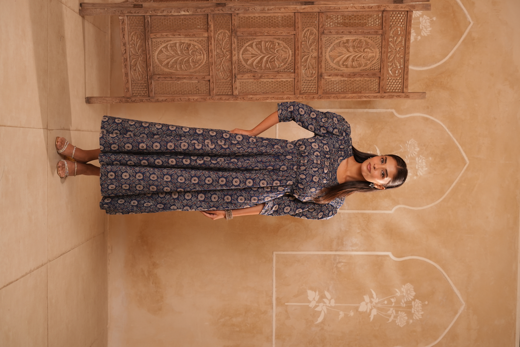Navy Blue Floral Printed Fit & Flare Maxi Dress