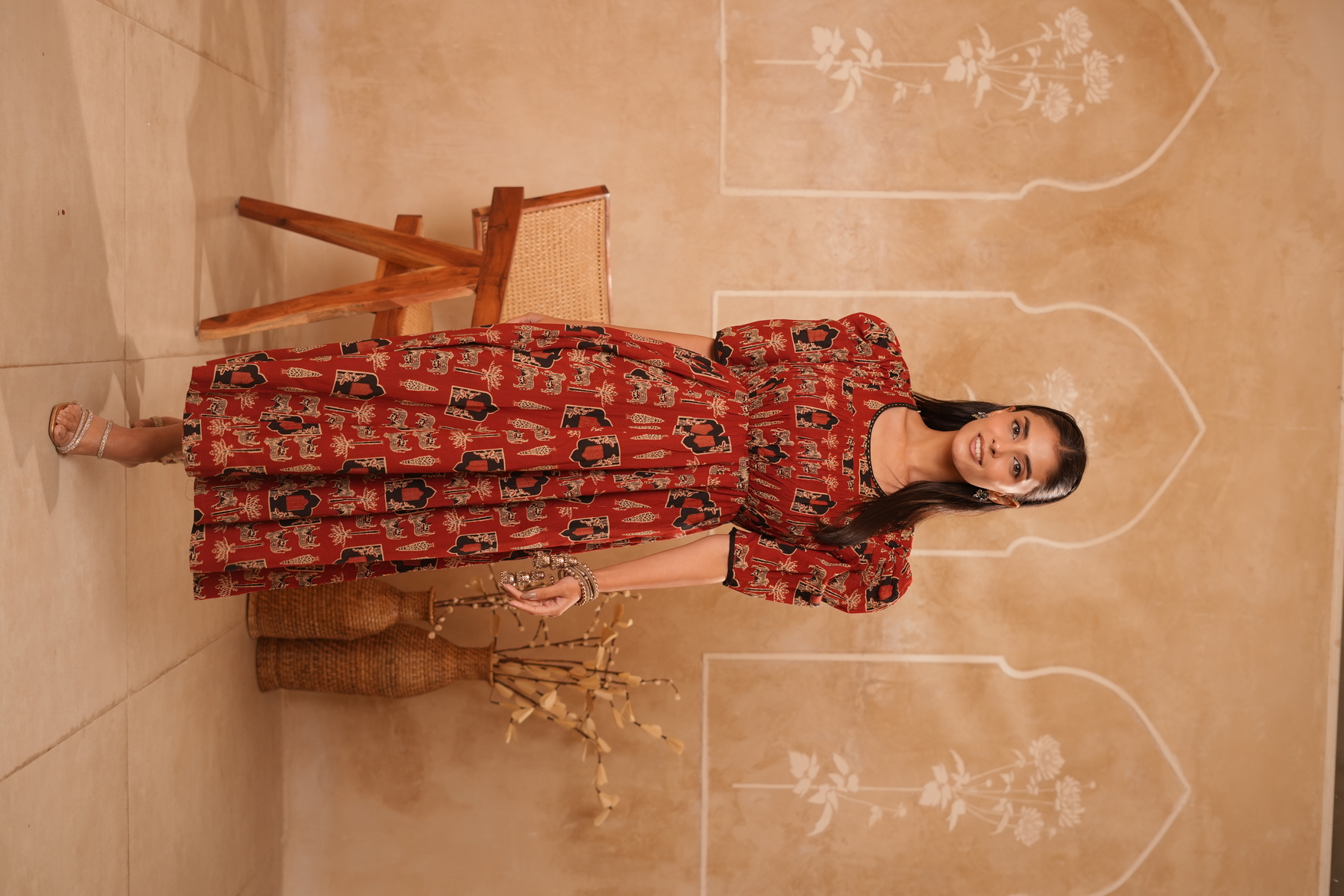 Rust Red Ethnic Printed Fit & Flare Maxi Dress